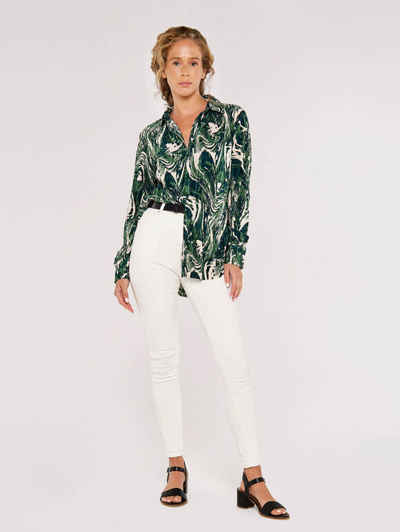 Marble Print Plisse Shirt, Green, large
