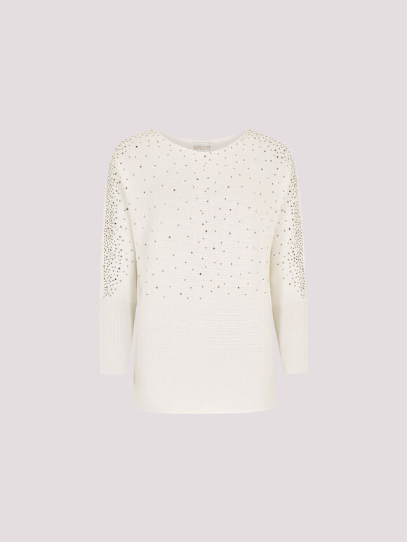 Batwing Sleeve Studded Jumper, White, large