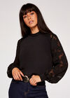 Sheer Raglan Sleeve Mock Neck Top, Black, large