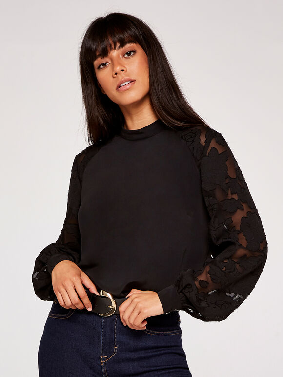 Sheer Raglan Sleeve Mock Neck Top, Black, large