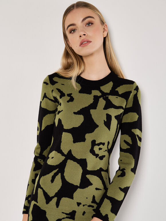 Abstract Flower Knitted Midaxi Dress, Black, large