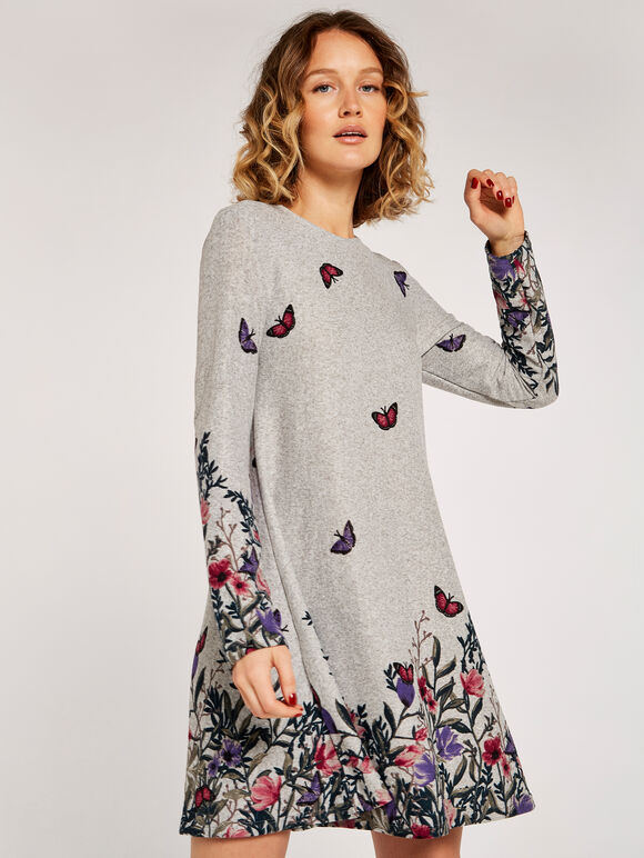 Butterfly Floral Knit Swing Mini Dress, Grey, large
