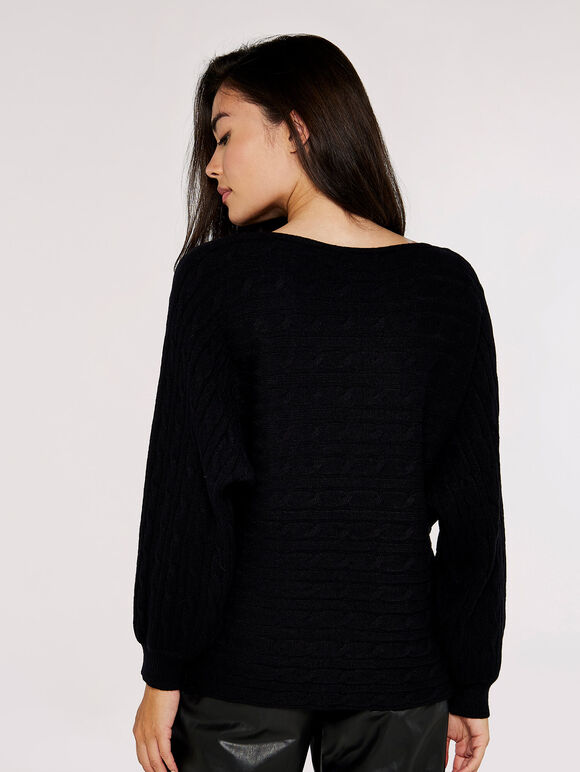 Cable Stripe Batwing Aran Jumper, Black, large