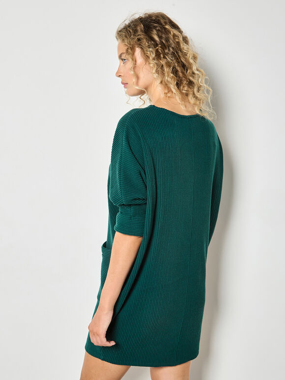 Ribbed Knit Cocoon Mini Dress, Green, large