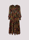 Ikat Chiffon Smocked Midi Dress, Khaki, large