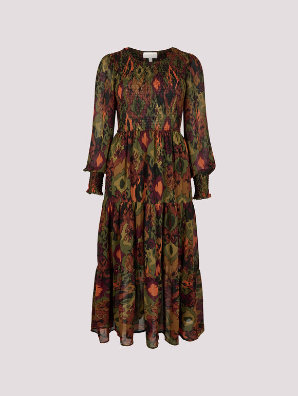 Ikat Chiffon Smocked Midi Dress, Khaki, large