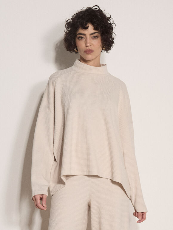 Waffle Jersey Knit Oversized Top, Stone, large