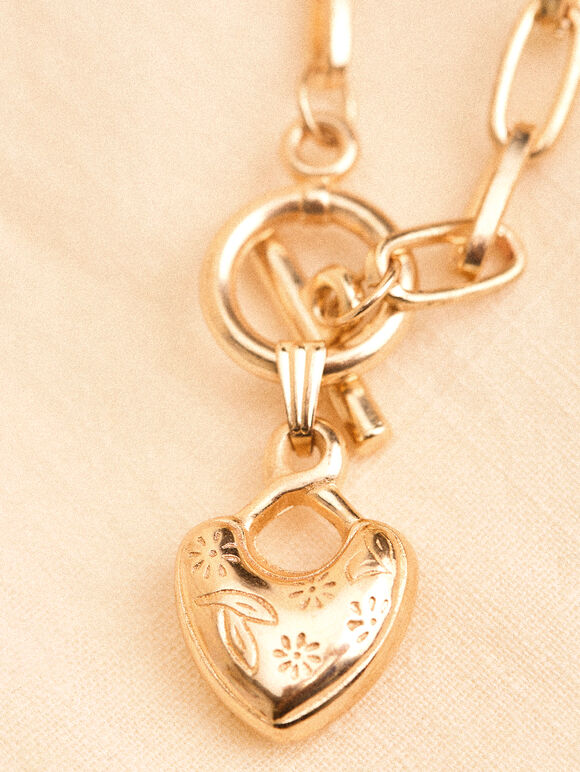Gold Tone Heart T-Bar Pendant Necklace, Gold, large