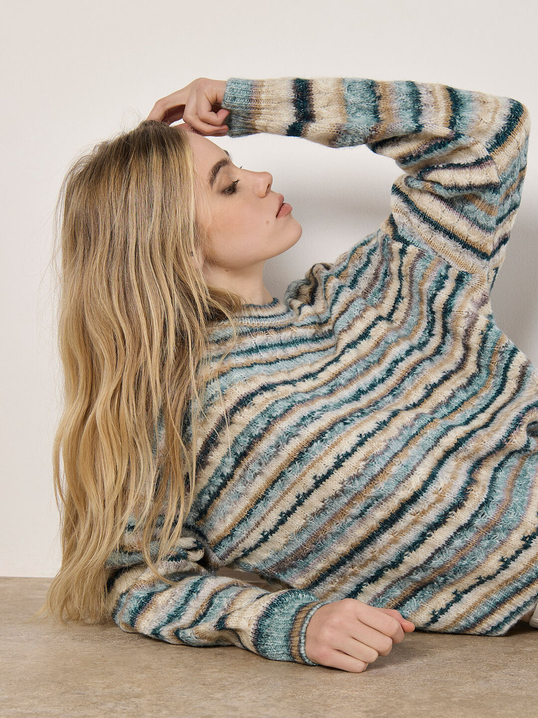 Multicoloured Stripe Aran Jumper Apricot Clothing