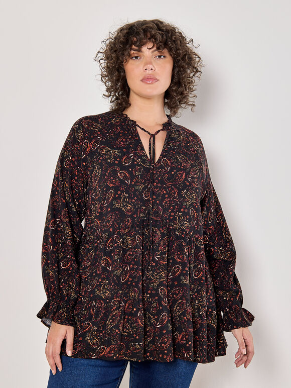 Curve Painterly Paisley Peplum Hem Top, Black, large