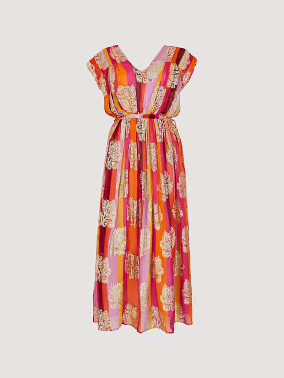 Metallic Leaf Stripe Kimono Maxi Dress, Pink, large