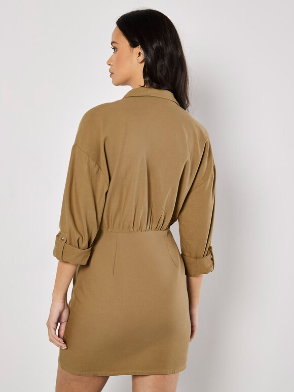 Fitted Twill Shirt Mini Dress, Stone, large