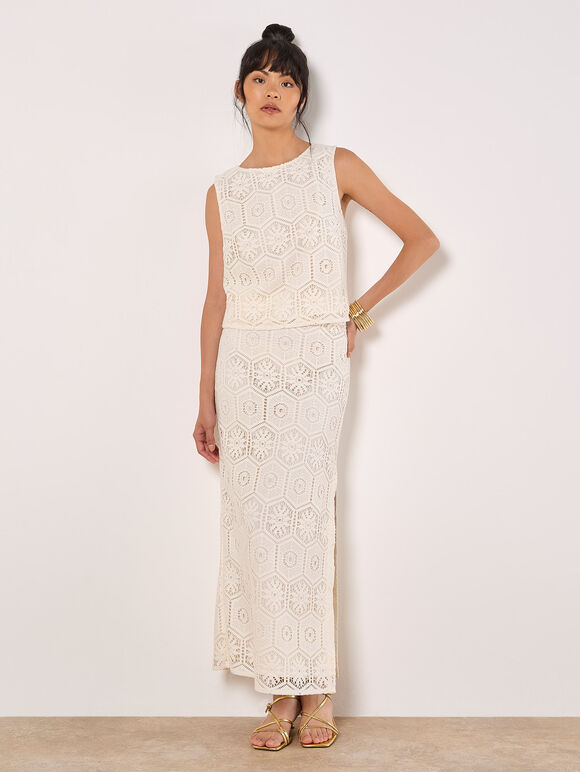 Crochet Lace Side Split Maxi Skirt, White, large