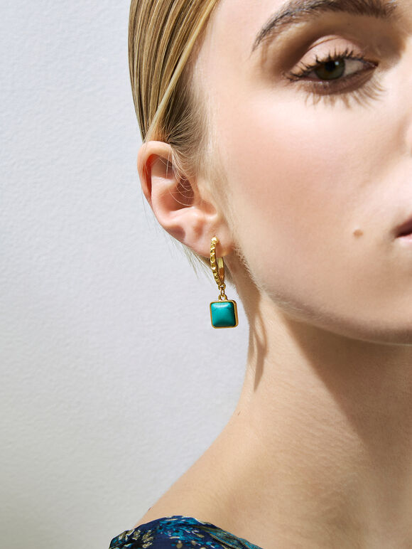 24K Gold Plated Teal Stone Hoop Earrings, Blue, large
