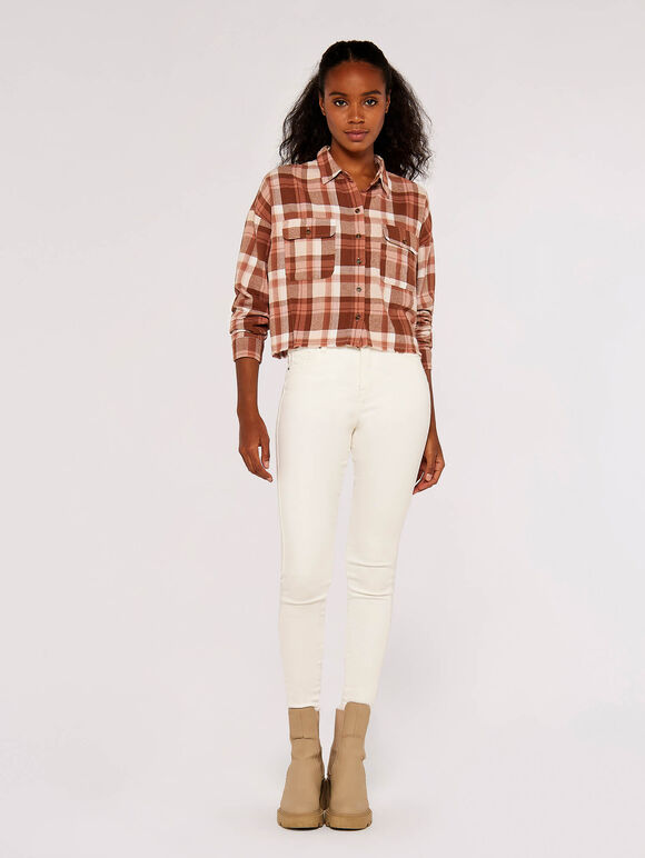 Crop Check Shirt, Brown, large