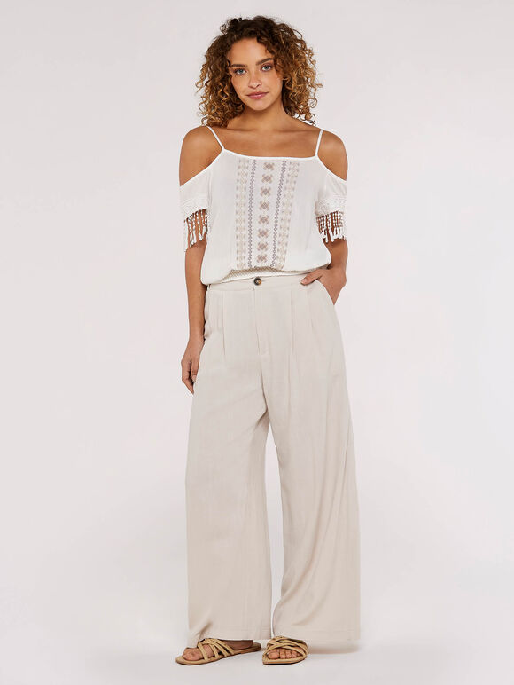 Embroidered Cut-Out Shoulder Top, White, large