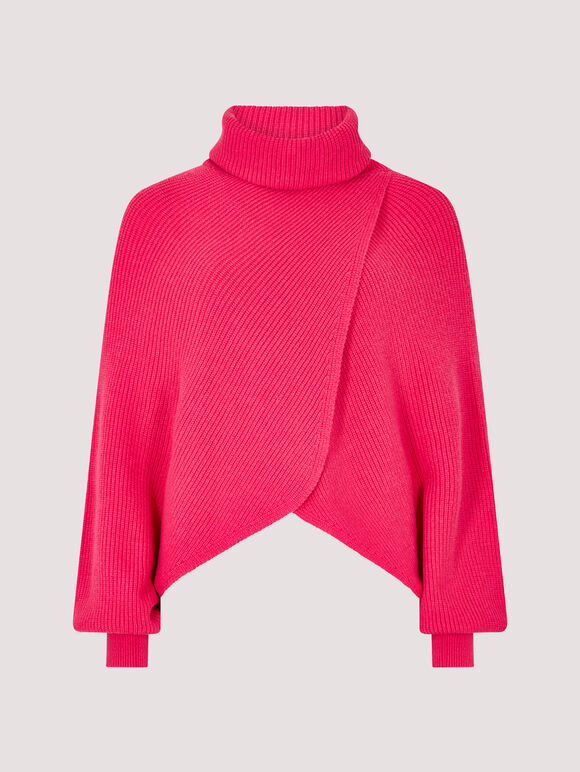 Cowl Neck Ribbed Wrap Jumper, Fuchsia, large
