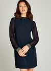 Sheer Sleeve Bead Cuff Shift Dress, Navy, large