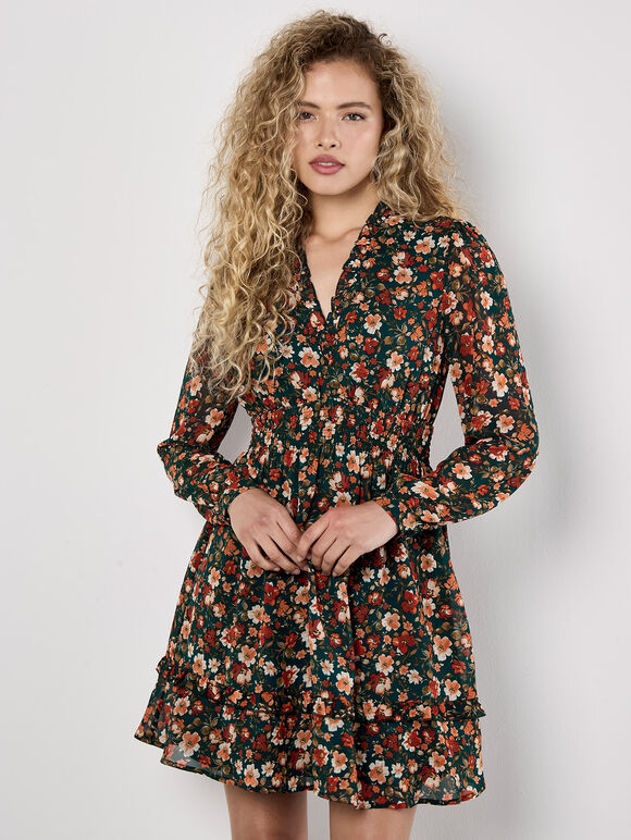Floral Ruffle Chiffon Mini Dress, Green, large