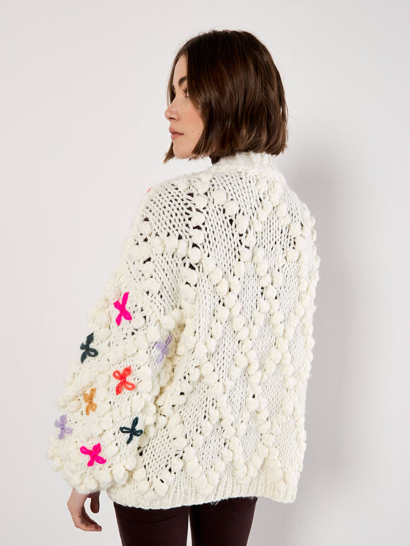 Chunky Knit 3D Flower Cardigan, Cream, large