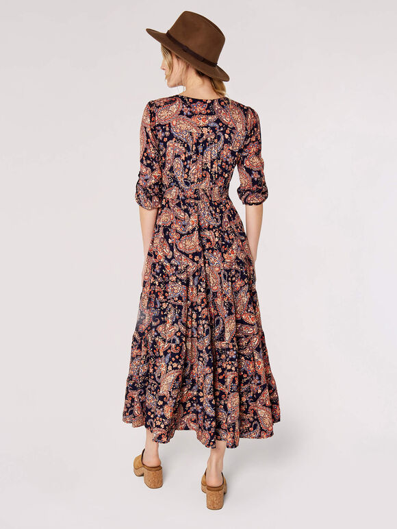 Paisley Tiered Midi Dress, Navy, large