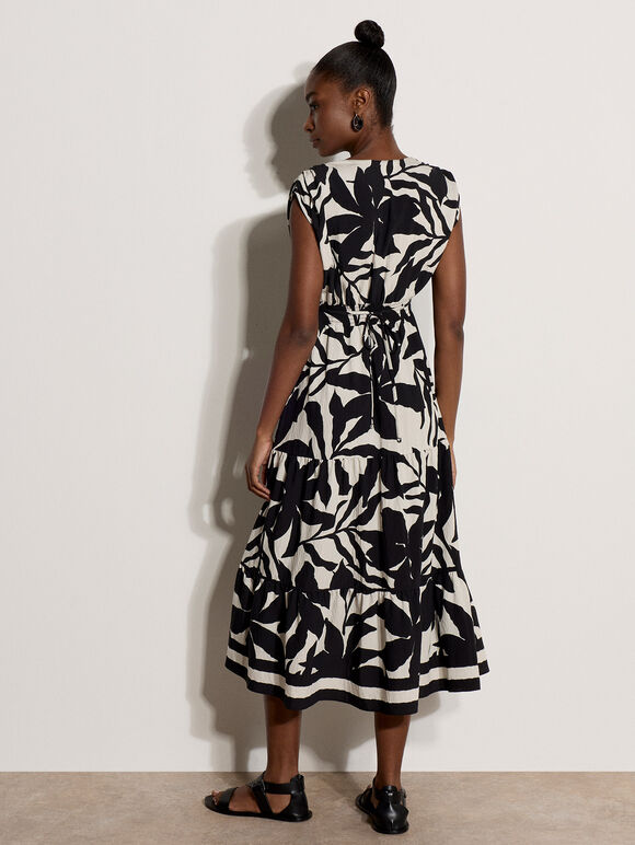 Floral Silhouette Tiered Midi Dress, Black, large