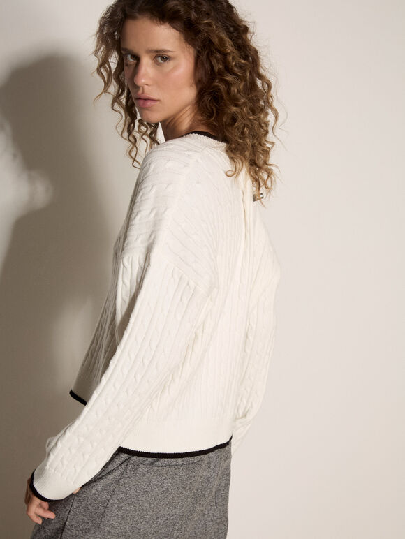 Cable Knit Tipped Cricket Jumper, White, large