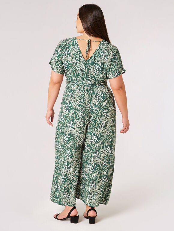 Curve Leaf Print Jumpsuit, Green, large