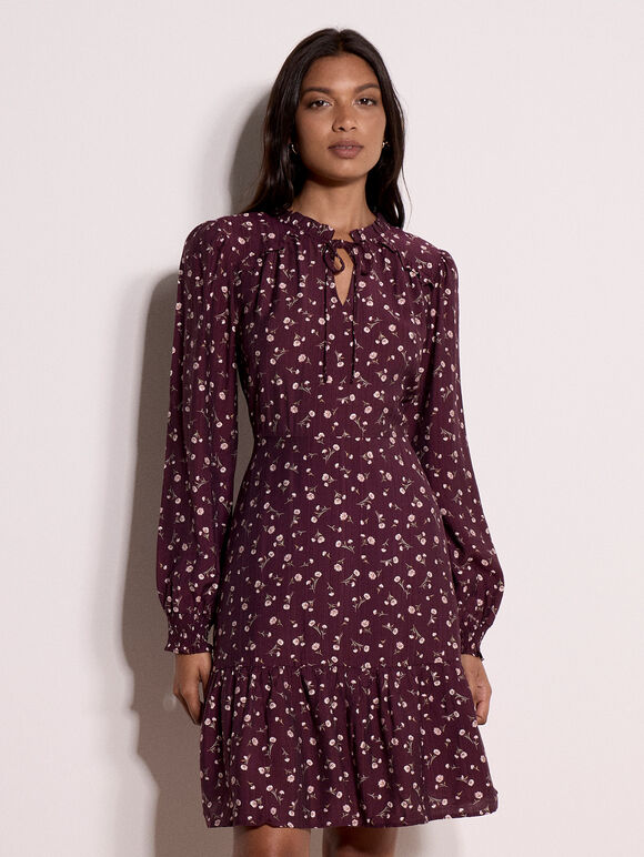 Ditsy Floral Mini Skater Dress, Burgundy, large
