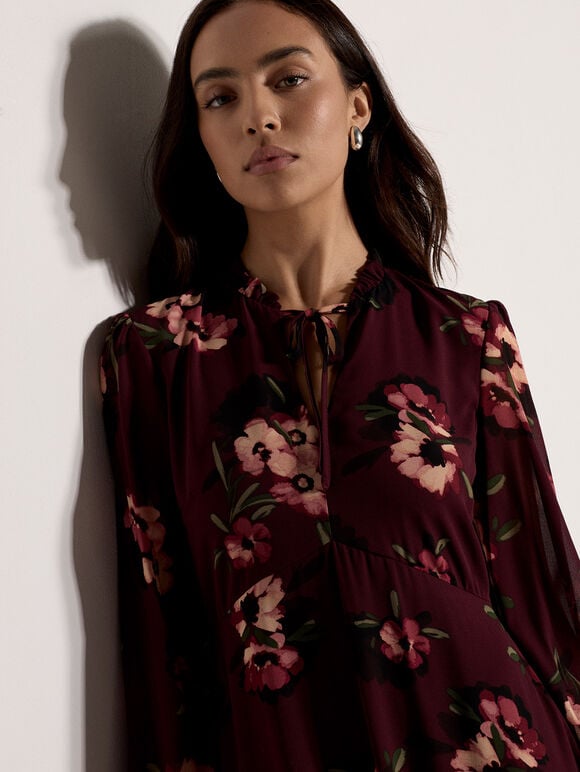 Floral Print Chiffon Midi Dress, Plum, large