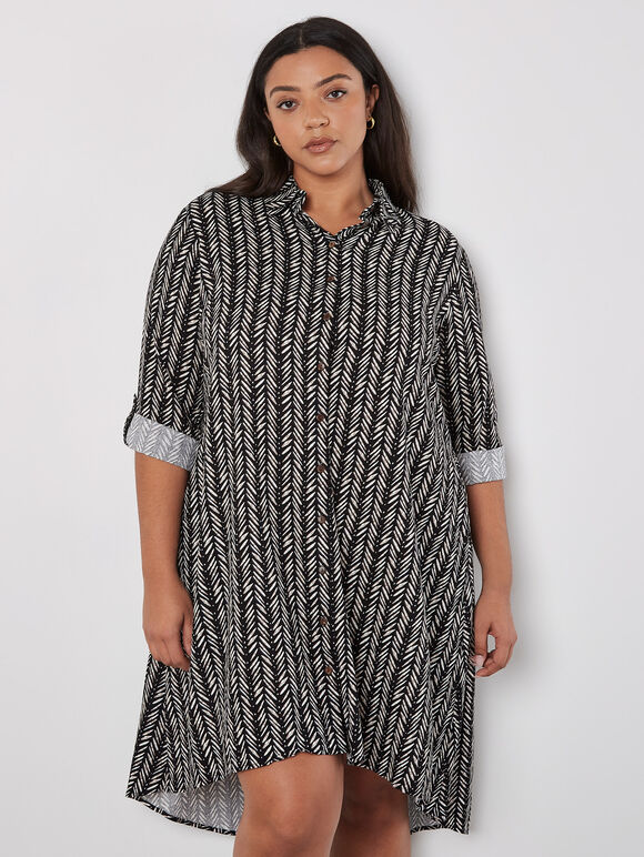 Chevron High-Low Shirt Mini Dress, Black, large