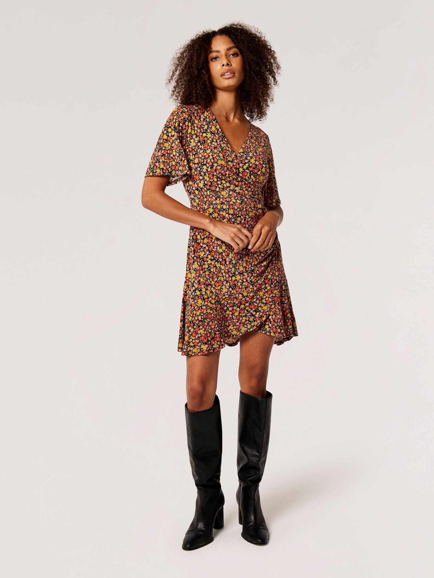 Ditsy Floral Wrap Mini Dress Apricot Clothing