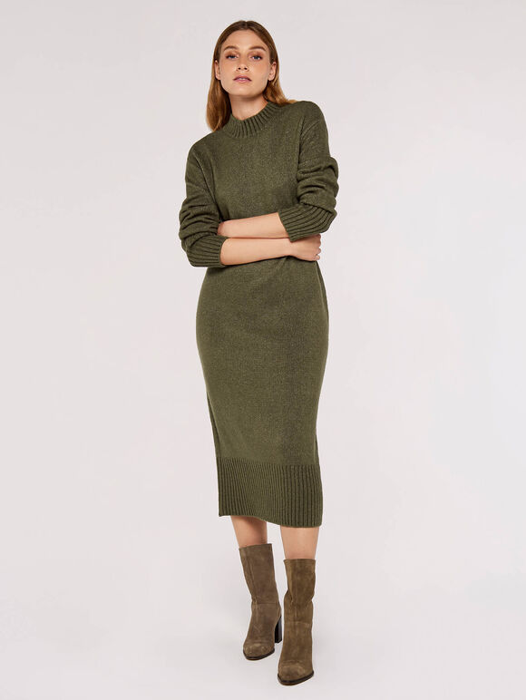 Chunky Knit Midi Dress, Khaki, large