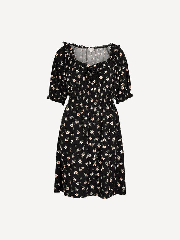 Floral Ruffle Milkmaid Mini Dress, Black, large