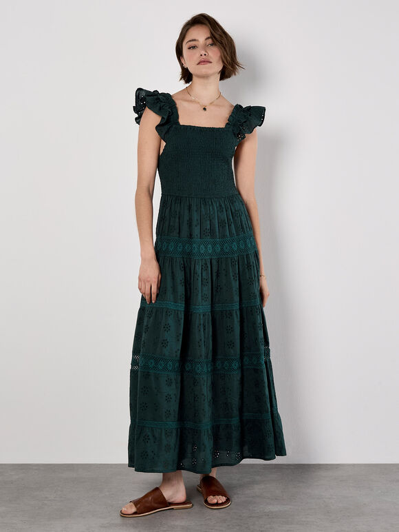 Broderie Anglaise Tiered Smocked Maxi Dress, Green, large