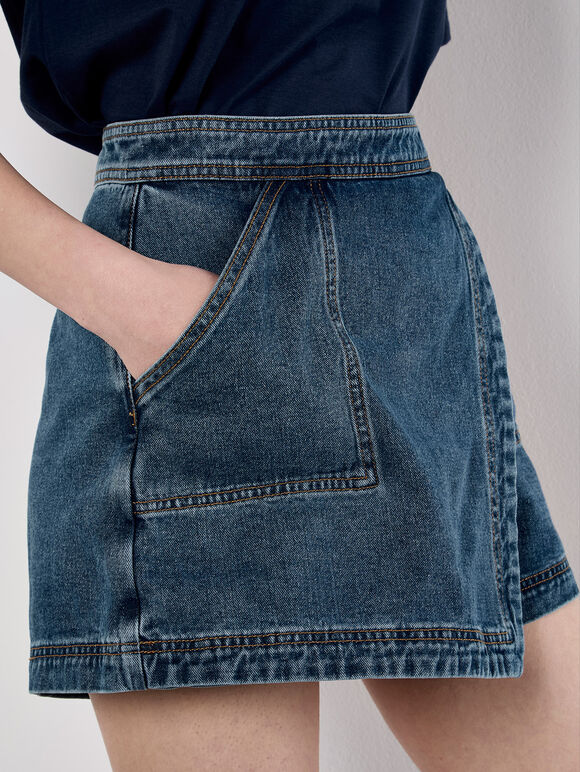 Denim Wrap Mini Skort, Blue, large