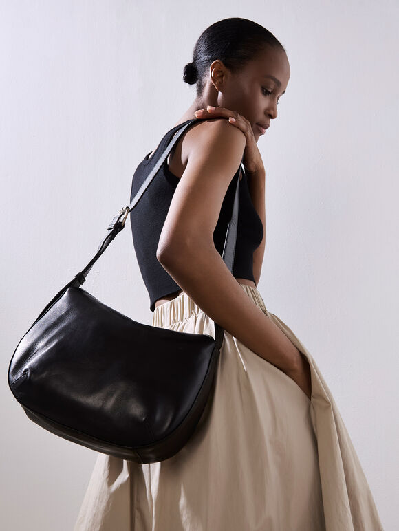 Soft Leather Shoulder Bag, Black, large