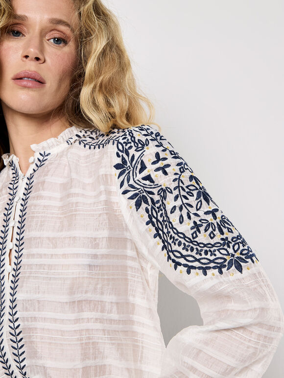 Ruffle Neck Embroidered Blouse, White, large