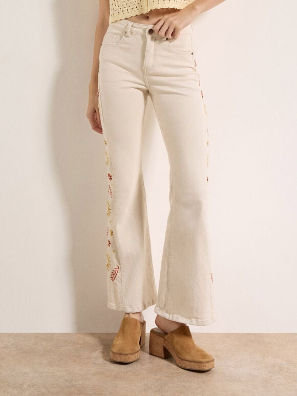 Lulu Floral Embroidered Flare Jeans, Cream, large