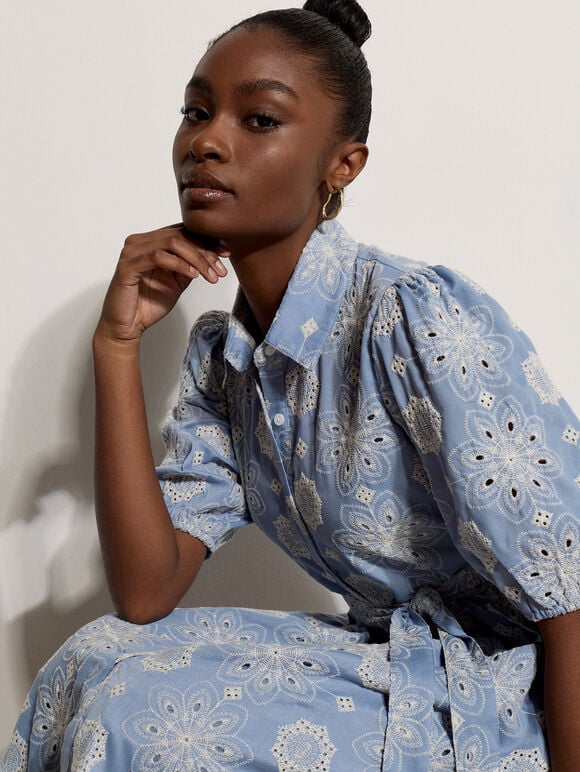 Broderie Anglaise Shirt Midi Dress, Blue, large