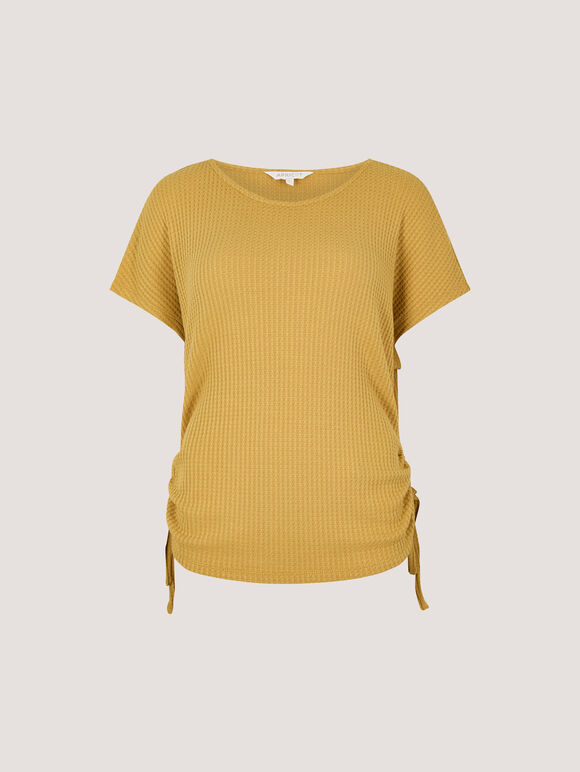 Waffle Knit Ruched T-Shirt, Mustard, large