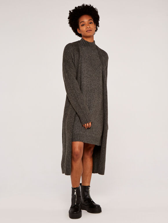 Knitted Long Cardigan, Dark Grey - Charcoal, large