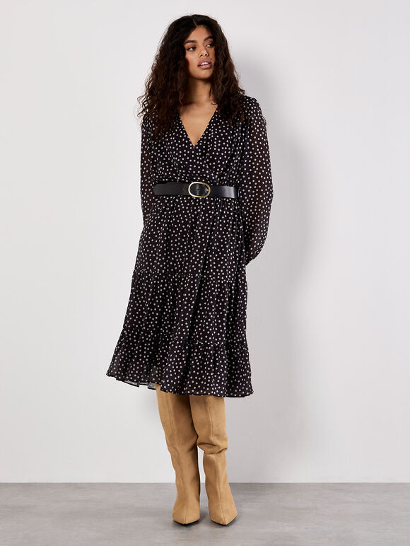 Polka Dot Chiffon Wrap Midi Dress, Black, large