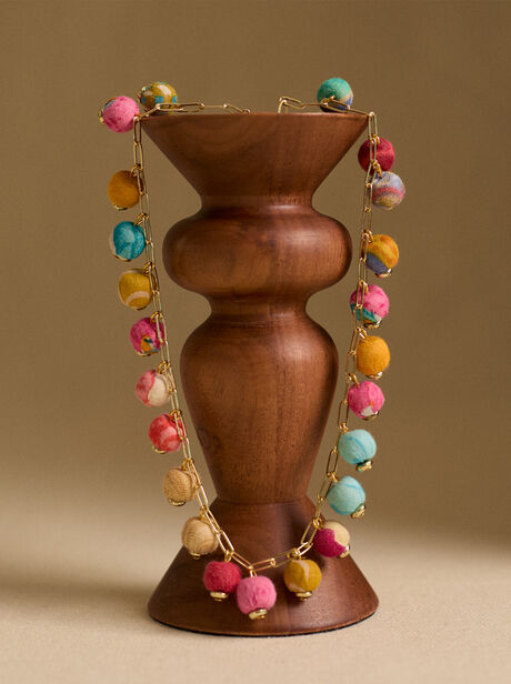 Gold Tone Fabric Bead Necklace