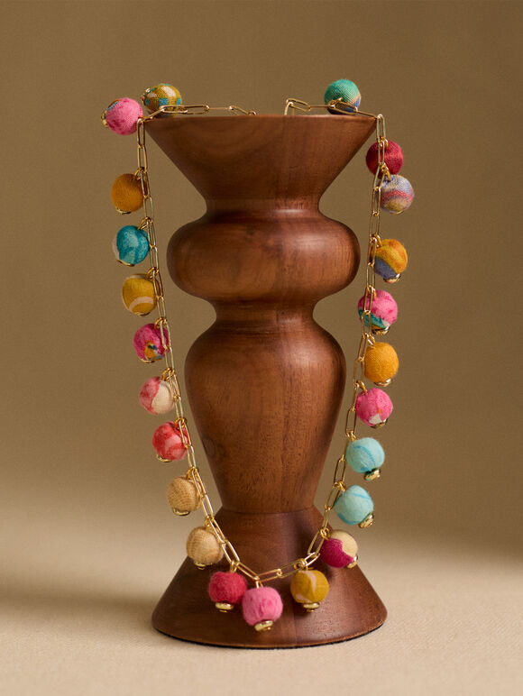 Gold Tone Fabric Bead Necklace, Assorted, large