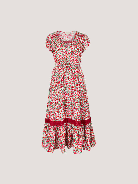 Ditsy Floral Button Down Midi Dress, White, large