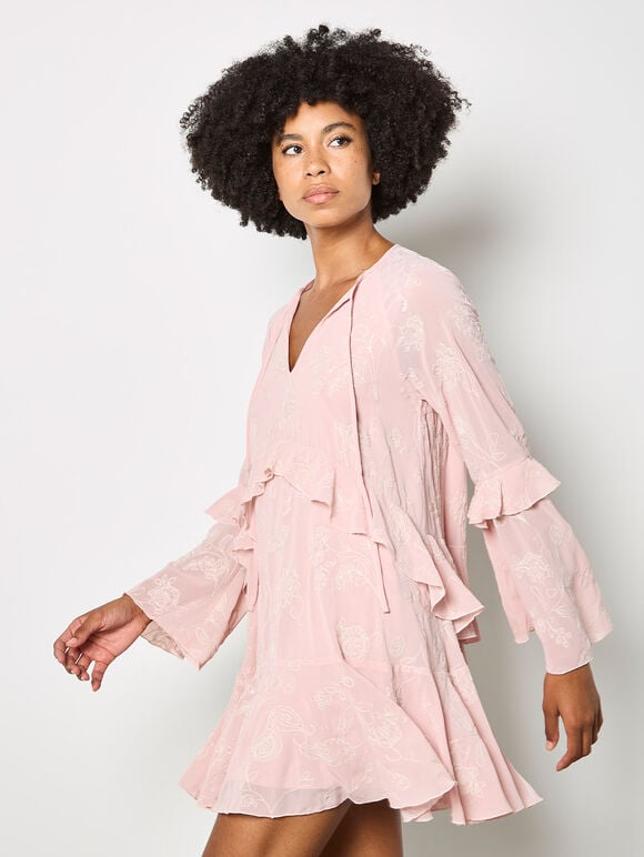 Chiffon Floral Embroidered Mini Dress, Pink, large