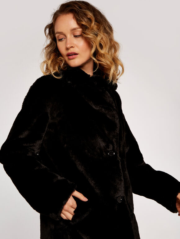 Soft Faux Fur Coat, Black, large