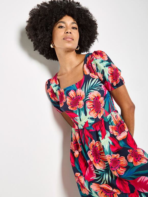 Tropical Floral Mini Dress, Fuchsia, large