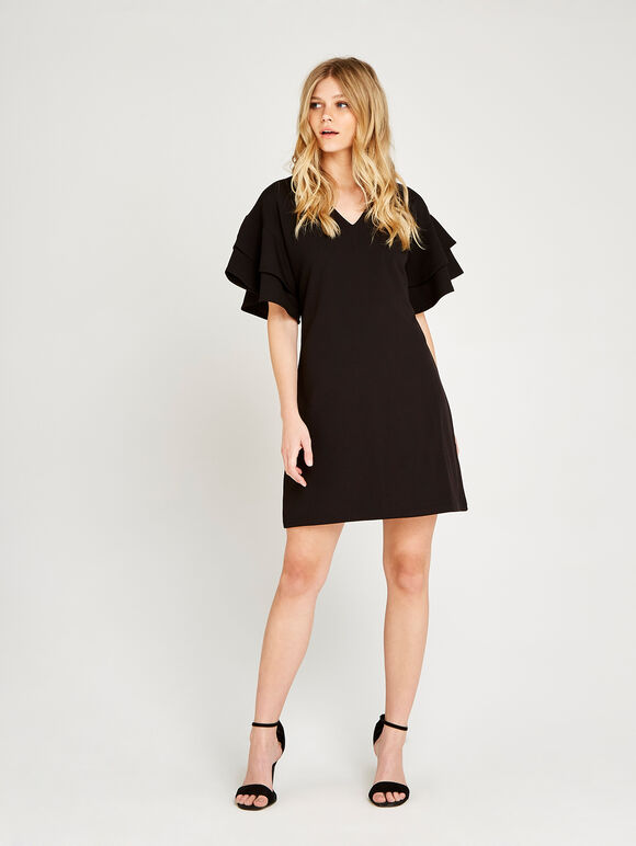 Black Ruffle V-Neck Shift Dress, Black, large